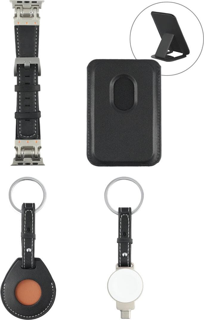 Комплект портфейл (джоб) с MagSafe, ключодържател за Apple AirTag, док за зареждане на Apple Watch и каишка за Apple Watch - 4smarts Style Accessory Set (черен)