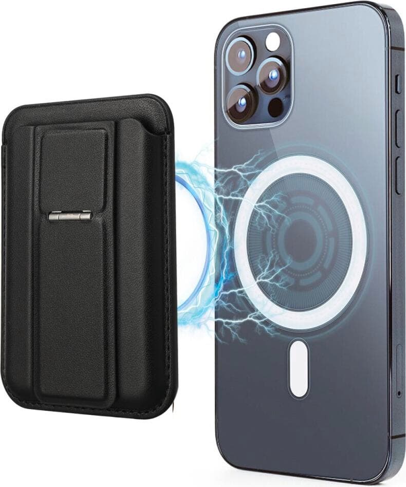 Кожен портфейл (джоб) с вградена поставка за прикрепяне към iPhone с MagSafe - 4smarts UltiMag Magnetic Kickstand Wallet (черен)
