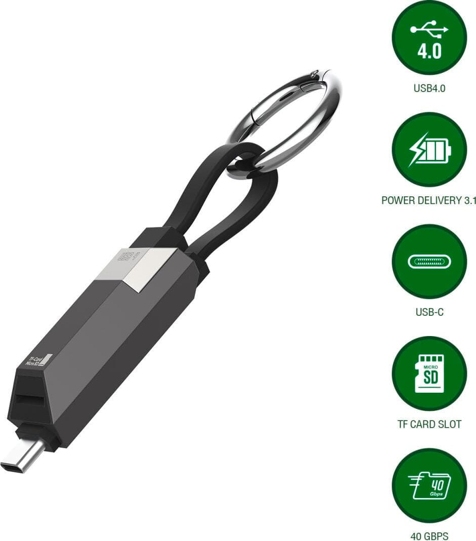 Компактен USB-C към USB-C кабел с четец за microSD карти памет за мобилни устройства - 4smarts Enterprise Storage USB4 USB-C to USB-C Cable 240W Card Reading Cable (черен) (6 см)