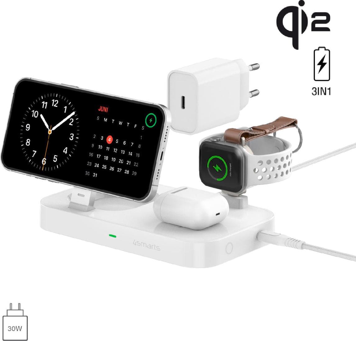 Тройна поставка (пад) за безжично зареждане за iPhone с MagSafe, Apple Watch, AirPods Pro и Qi съвместими мобилни устройства - 4smarts Qi2 Charging Station Trident With Apple Watch Charger (бял)