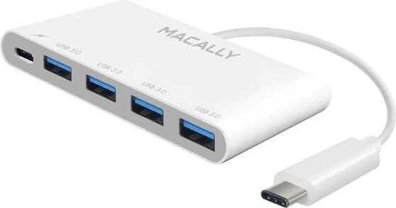 USB-C хъб с 4xUSB-A изхода и USB-C порт за устройства с USB-C порт - Macally 3.1 USB-C to 4 port USB-A and 1xUSB-C Hub (бял)