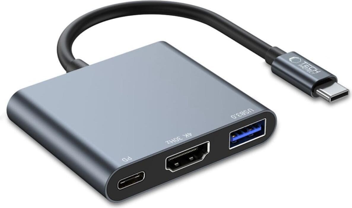 Tech-Protect V1-hub 3in1 - USB-C хъб поддържащ HDMI, USB-C и USB функционалности (тъмносив)