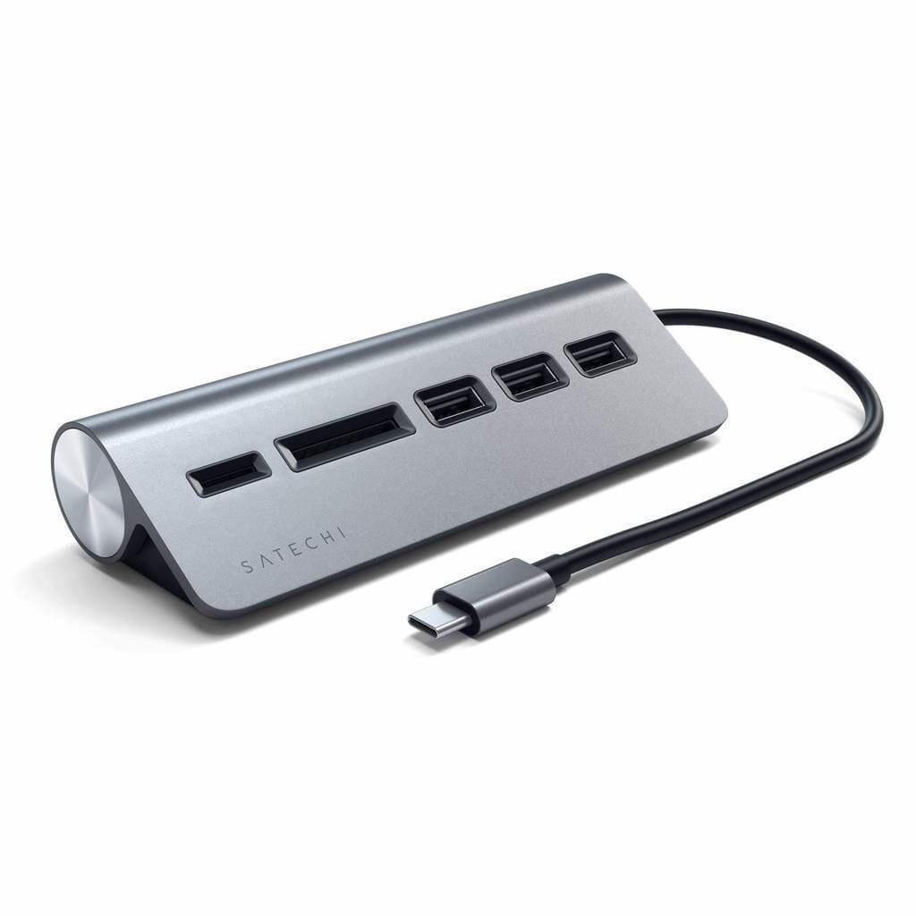 Алуминиев 3-портов USB 3.0 хъб с четец за карти за компютри и лаптопи - Satechi Aluminum USB-C 3.0 Hub & Card Reader (тъмносив)