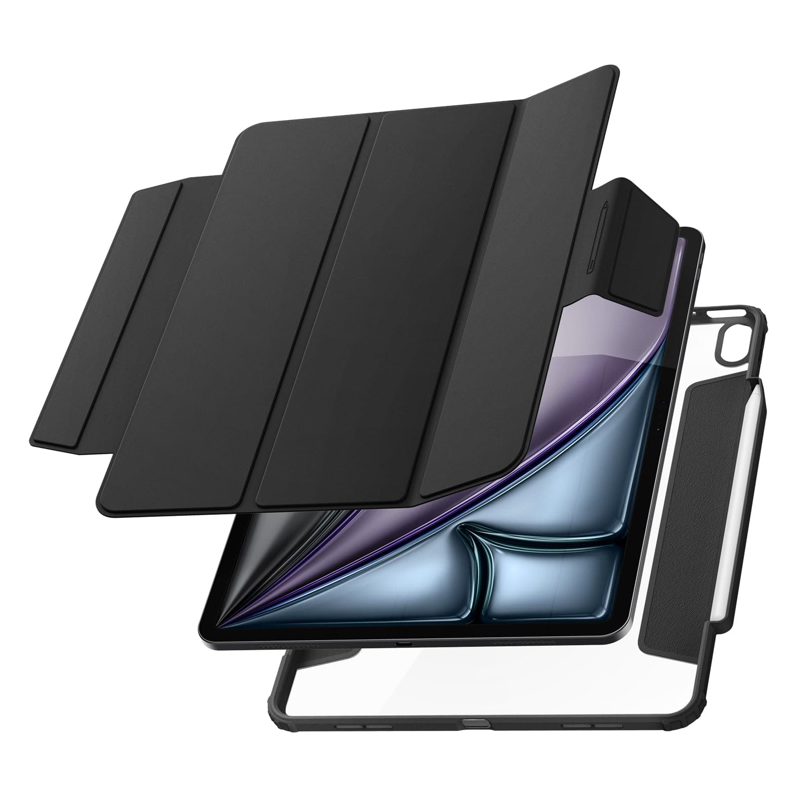 Полиуретанов калъф с отделящ се кейс и поставка за iPad Air 13 (2025), iPad Air 13 (2024) - Spigen Air Skin Pro Hybrid Case (черен-прозрачен)