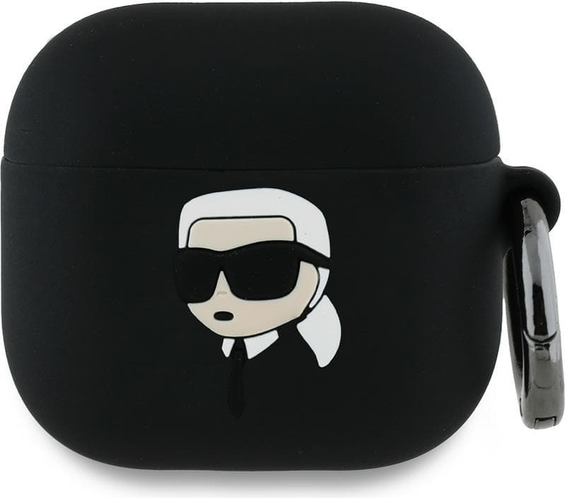 Силиконов калъф с карабинер за Apple AirPods 4 - Karl Lagerfeld 3D Logo NFT Karl Head Head Silicone Case (черен)