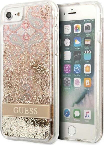 Дизайнерски кейс с висока защита за iPhone SE (2022), iPhone SE (2020), iPhone 8, iPhone 7 - Guess Liquid Glitter Paisley Case (златист)