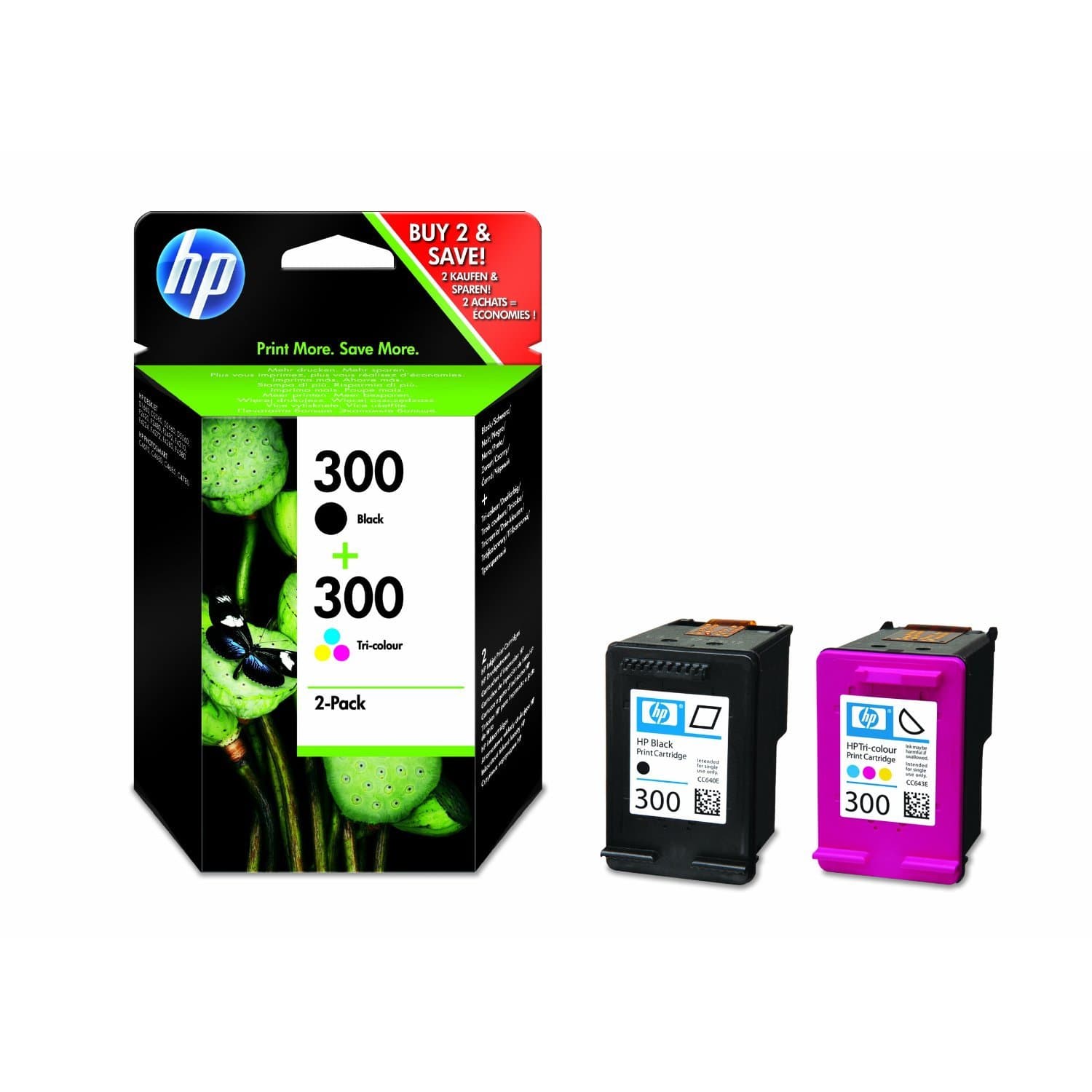 HP 300 оригинална касета с мастило CN637EE черна и трицветна стандартен капацитет 2 x 4 ml черна: 200 страници цветна: 165 страници 2 пакета