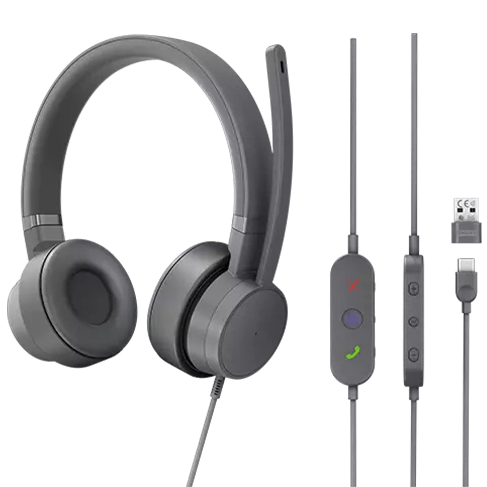 Слушалки Lenovo Go Wired ANC Headset (GXD1C99243), микрофон, Active Noise Cancellation, Environmental Noise Cancellation, Talk-through, Microsoft Teams Certification, USB-C, сиви
