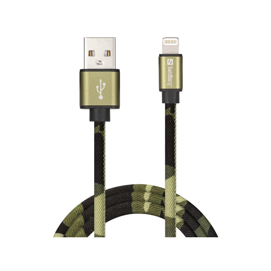 Кабел Sandberg, от USB-A(м) към Lightning(м), 1.0m, зелен камуфлаж