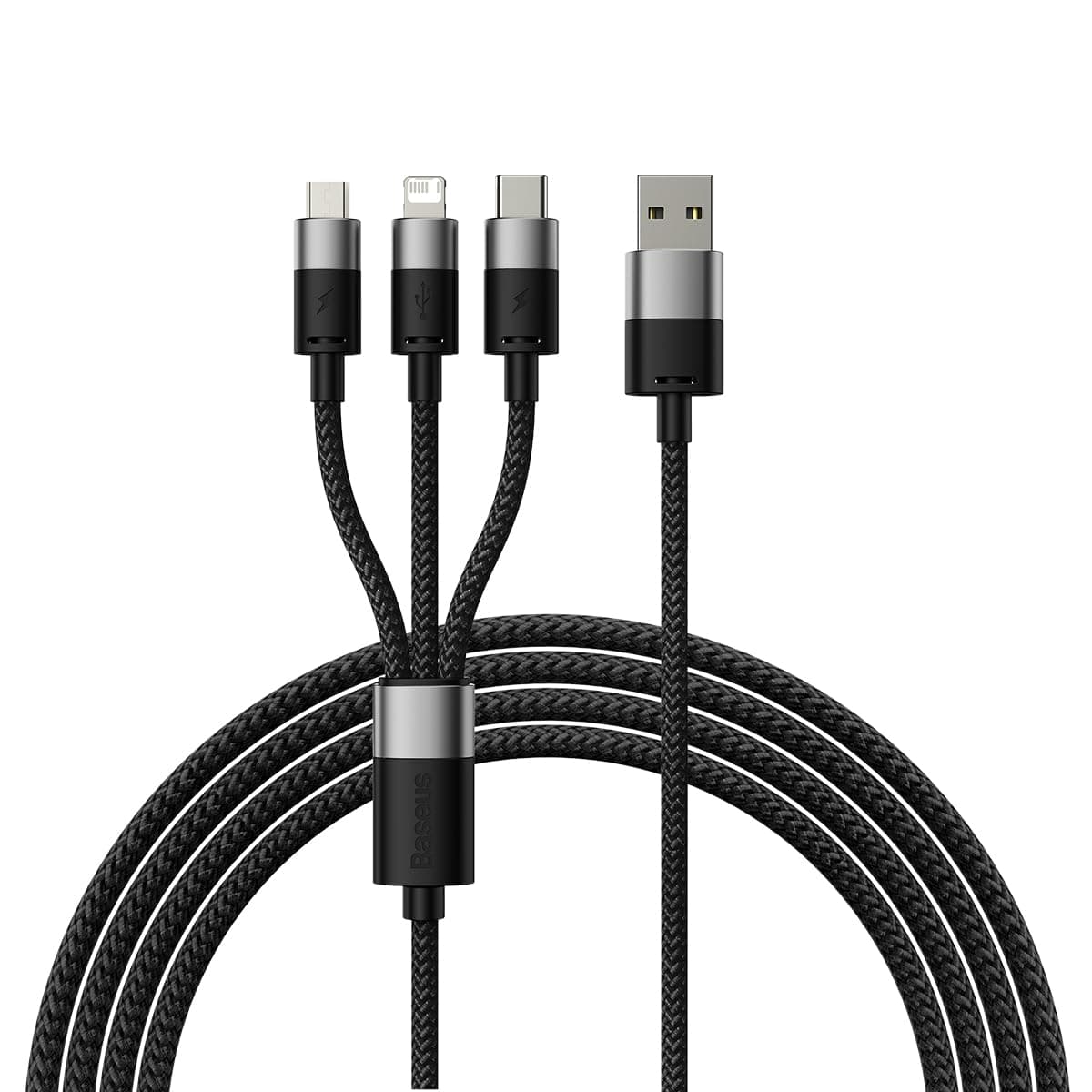 Кабел Baseus StarSpeed CAXS000001, от USB A (м) към 1x USB C (м), 1x Lightning (м), 1x MicroUSB B (м), 1.2m, 20W, черен