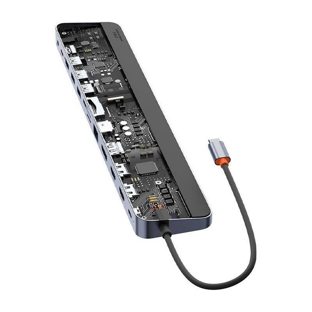 Докинг станция Baseus EliteJoy Gen2, от USB C към 3x USB A, 1x USB C, 1x USB C (PD), 1x DisplayPort, 2x HDMI, 1x RJ-45, 1x 3.5 мм жак, 1x SD/MicroSD четец, тъмносива