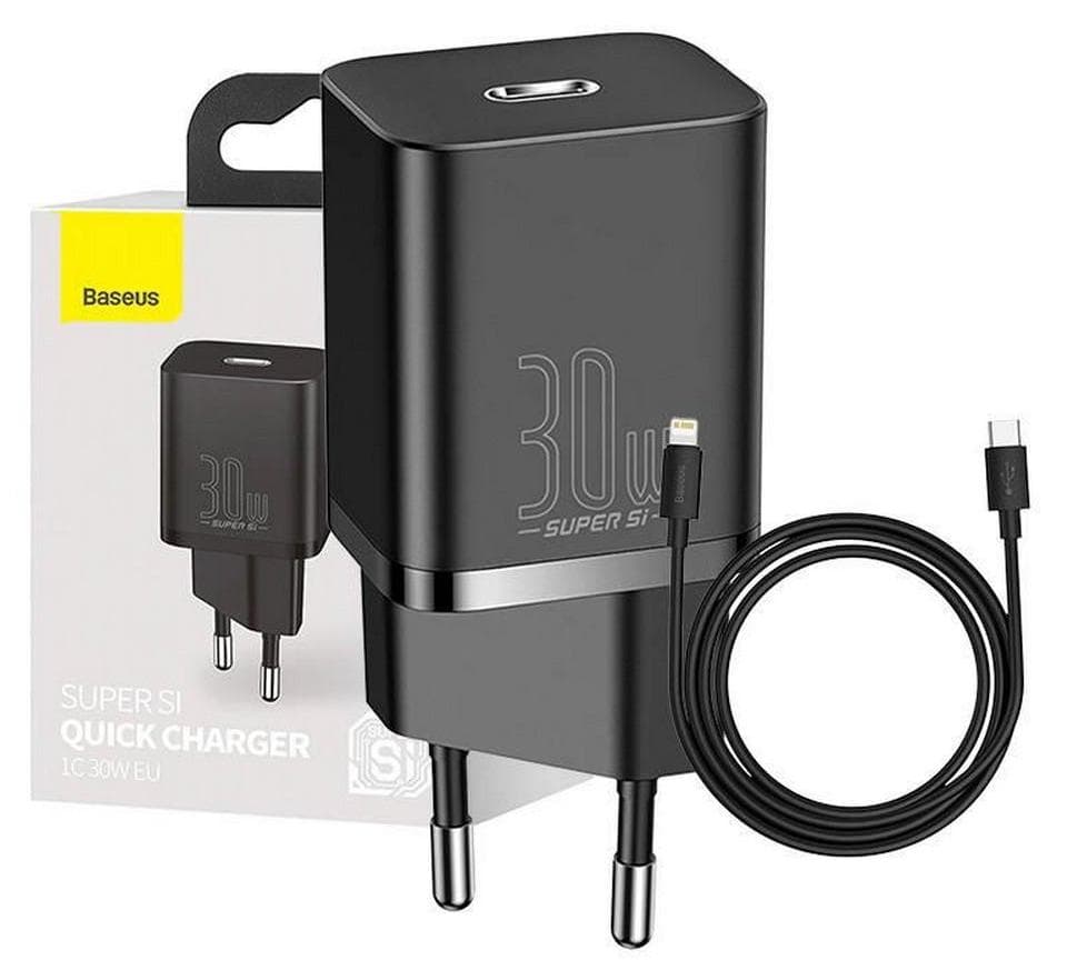 Зарядно устройство Baseus Super Si 30W (CCSUP-J01), от контакт към USB C(ж), 5V/3A; 9V/3A; 12V/2.5A; 15V/2A; 20V/1.5A, черно