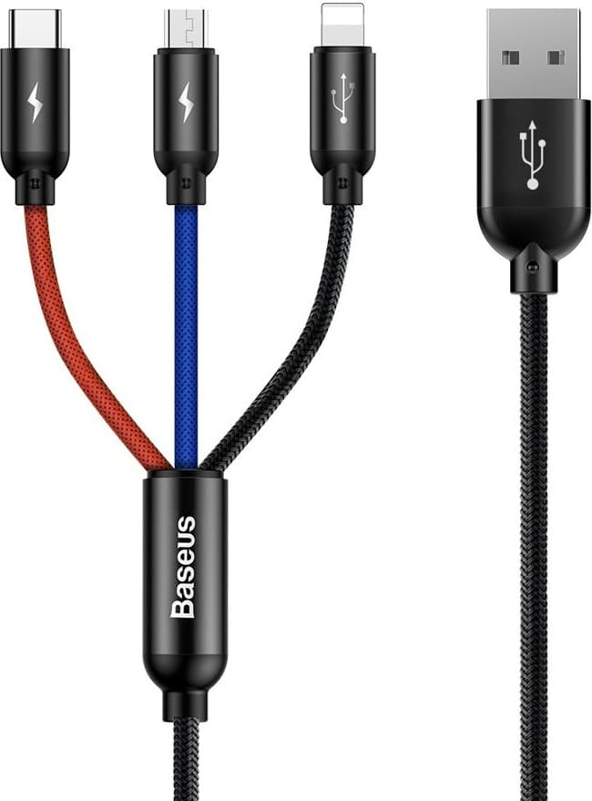 Кабел Baseus Rapid, от USB A(м) към USB Type C(м)/Lightning(м)/microUSB(м), 1.2m, черен