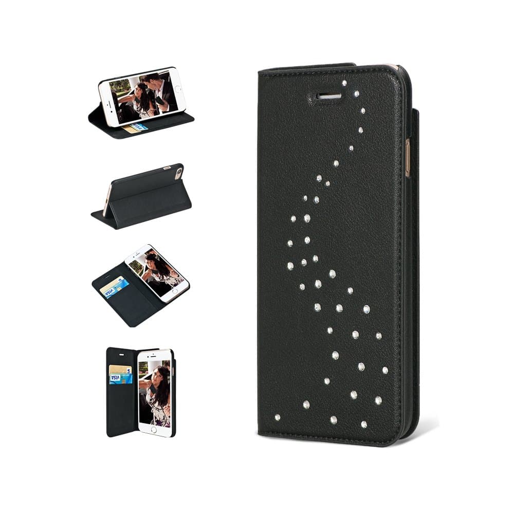 Кожен калъф, тип портфейл с кристали Сваровски за iPhone 8, iPhone 7 - Bling My Thing Primo Milky Way Pure Brilliance (черен)