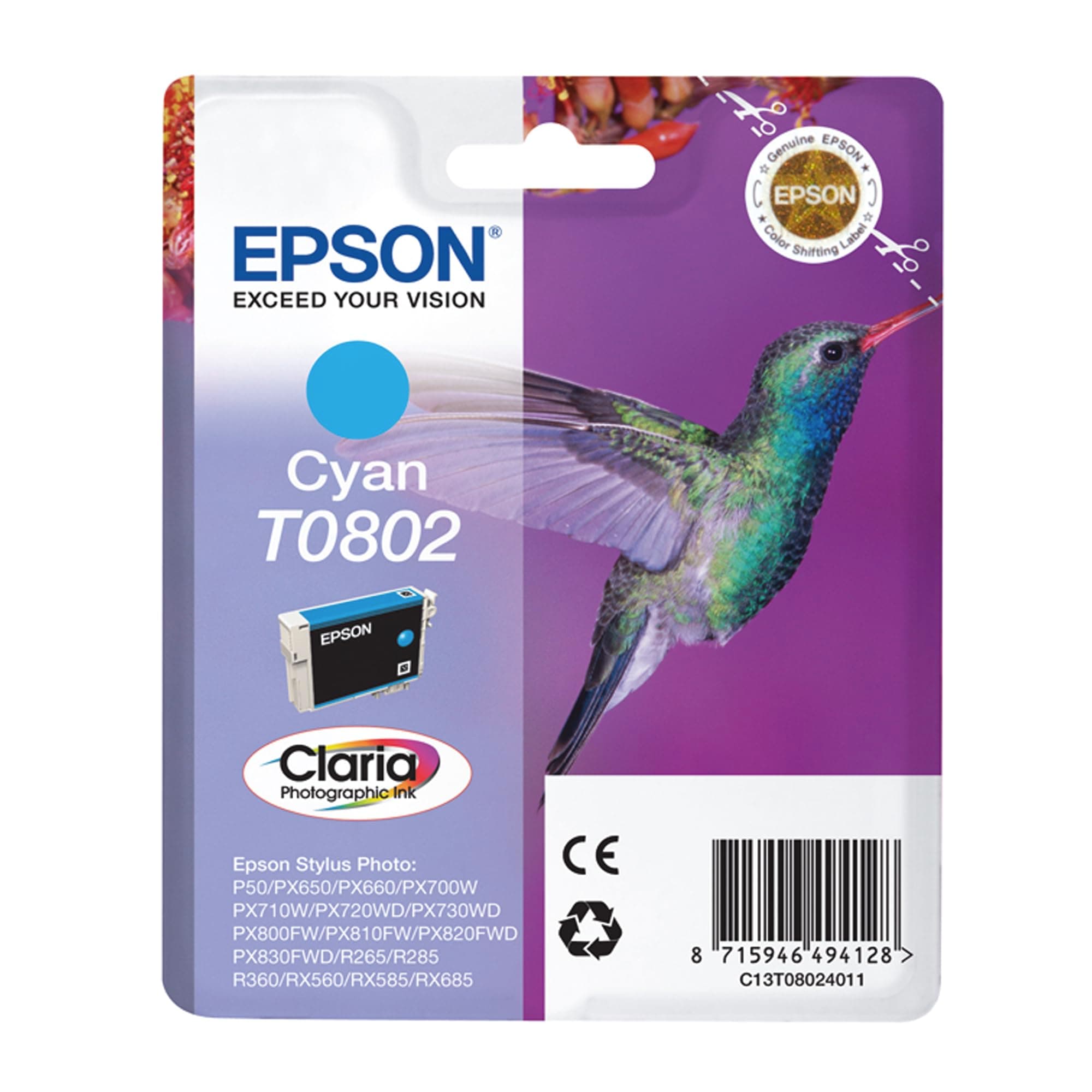 EPSON 1LB T0802 касета с мастило циан стандартен капацитет 7,4 ml 935 страници 1 пакет блистер без аларма