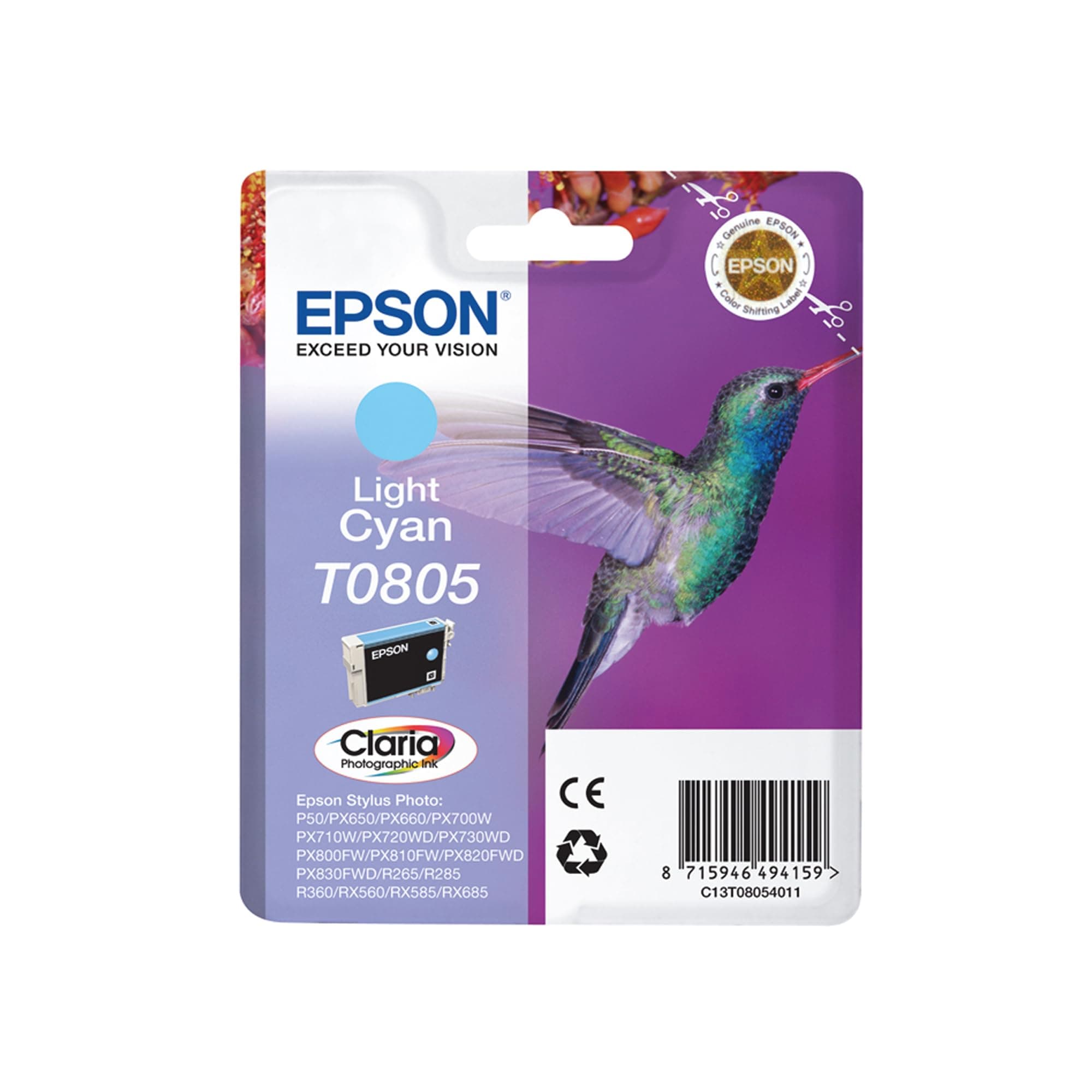 EPSON 5LB T0805 касета с мастило светло циан стандартен капацитет 7,4 ml 350 страници 1 пакет блистер без аларма