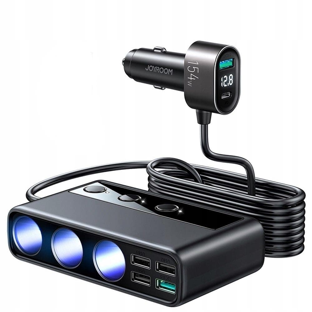 Зарядно устройство Joyroom JR-CL06, за кола, от автомобилна запалка към 1x USB-C(ж), 5x USB-A(ж), 3x автомобилна запалка, 12V/1.67A, черно