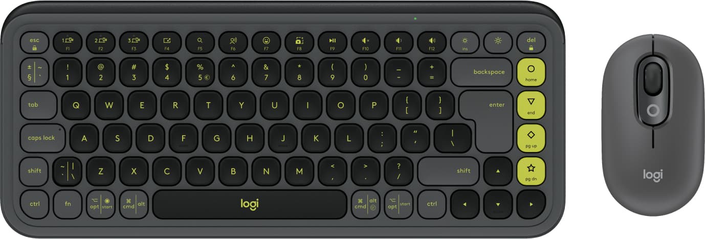 Комплект клавиатура и мишка Logitech POP Icon Combo Graphite & Green (920-013140), безжични, 4 програмируеми клавиша, US International подредба, 4000dpi, Bluetooth, черен/зелен