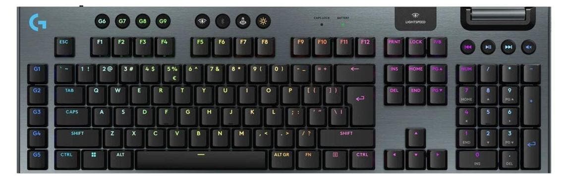 Клавиатура Logitech G915 X Lightspeed (920-012709), жична/безжична, механична, гейминг, RGB подсветка, US подредба, черна, USB, Bluetooth