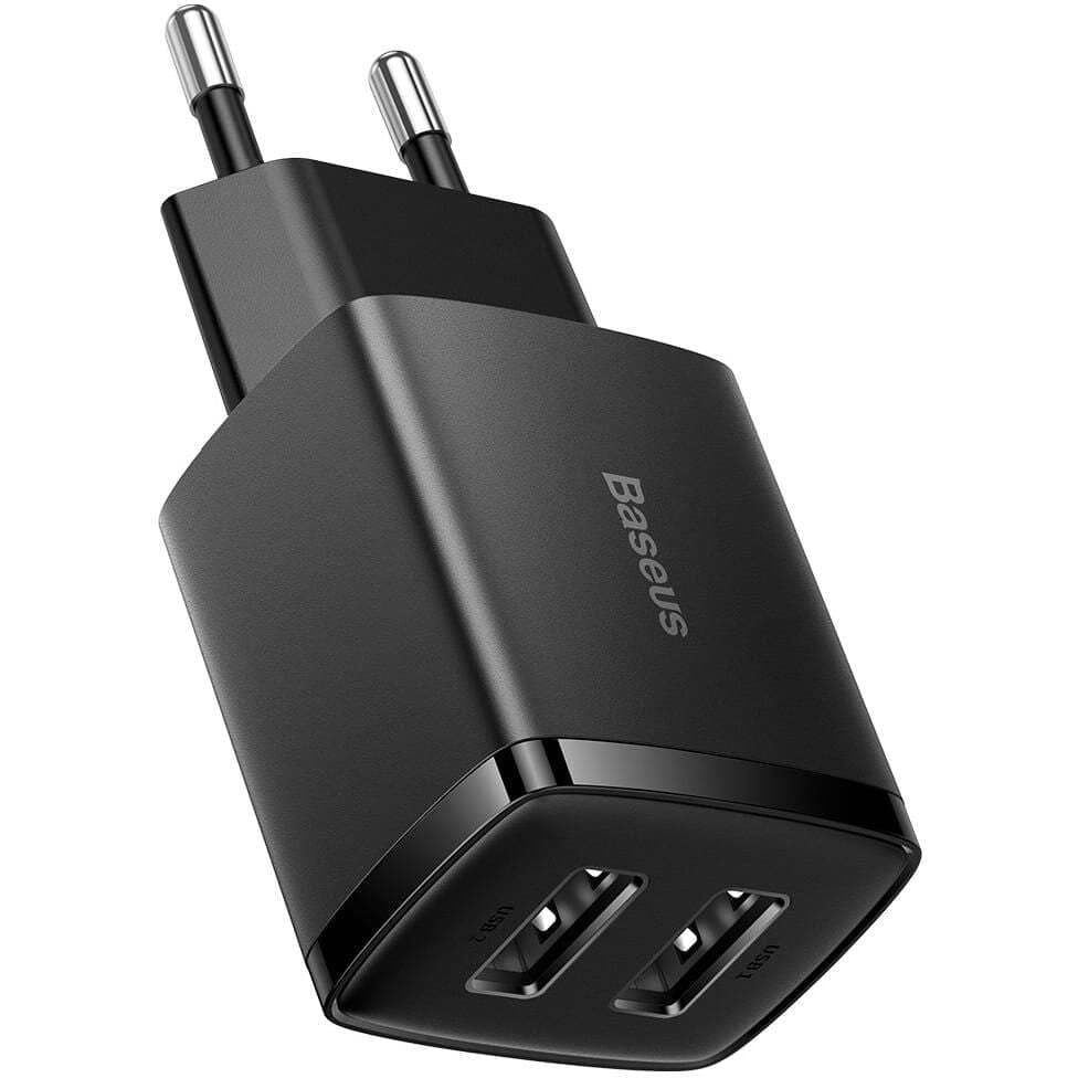 Зарядно устройство Baseus Compact (CCXJ010201), от контакт към 2x USB A(ж), 5V/2.1A, 10.5W, черно