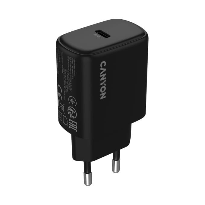Зарядно устройство Canyon OnCharge 200, от контакт към 1x USB-C(ж), 12V, черно, 20W