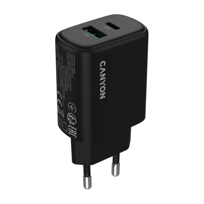 Зарядно устройство Canyon OnCharge 200, от контакт към 1x USB-C(ж), 1x USB-A(ж), 12V, черно, 20W, QC 3.0