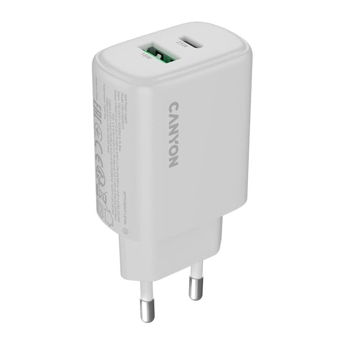 Зарядно устройство Canyon OnCharge 250, от контакт към 1x USB-C(ж), 1x USB-A(ж), 12V, бяло, 25W, QC 3.0