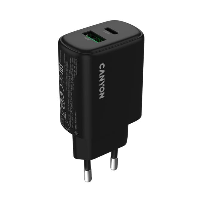Зарядно устройство Canyon OnCharge 250, от контакт към 1x USB-C(ж), 1x USB-A(ж), 12V, черно, 25W, QC 3.0