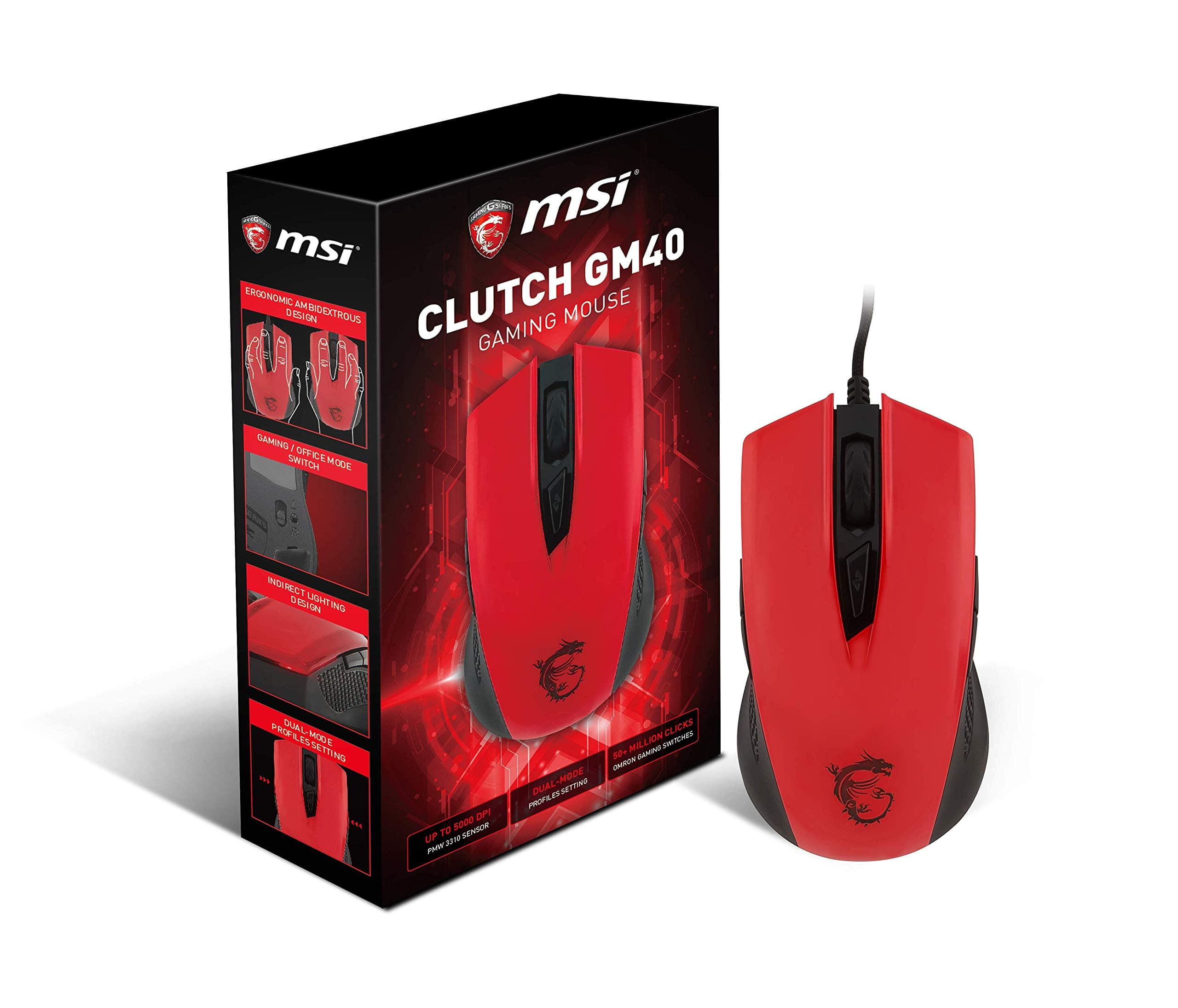 Мишка MSI Clutch GM40, оптична, 5000dpi, USB, червена