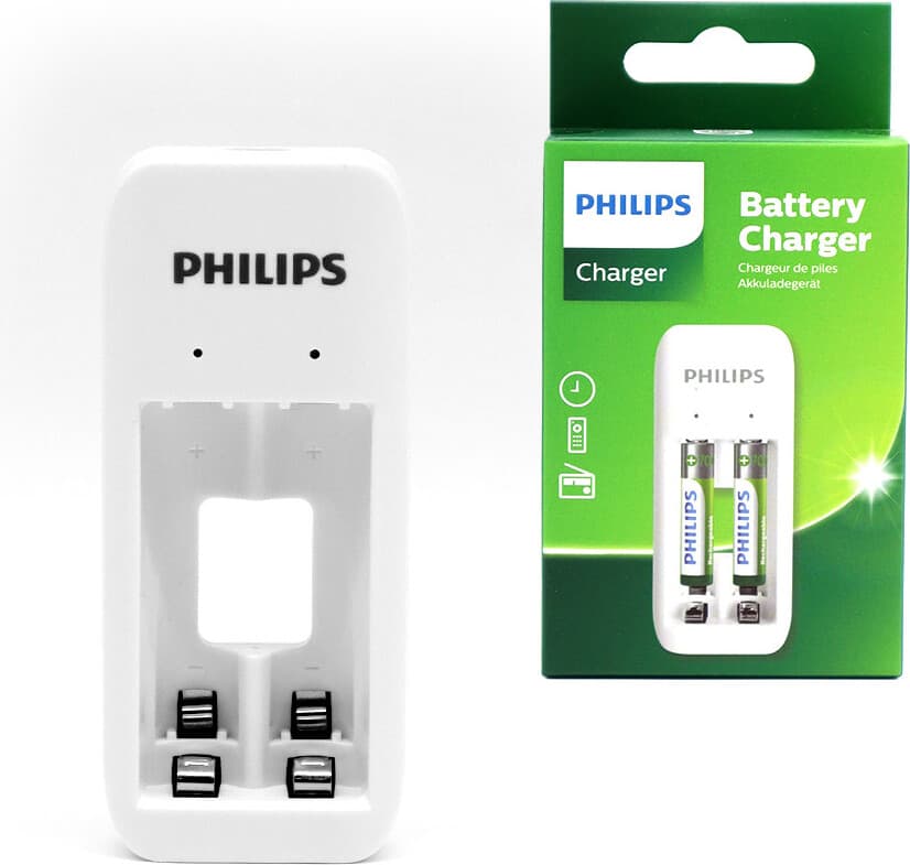 Основно зарядно устройство PHILIPS с 2 слота и 2 x 700mAh AAA RTU батерии Презарежда 1 или 2 броя AA/AAA NiMH акумулаторна батерия