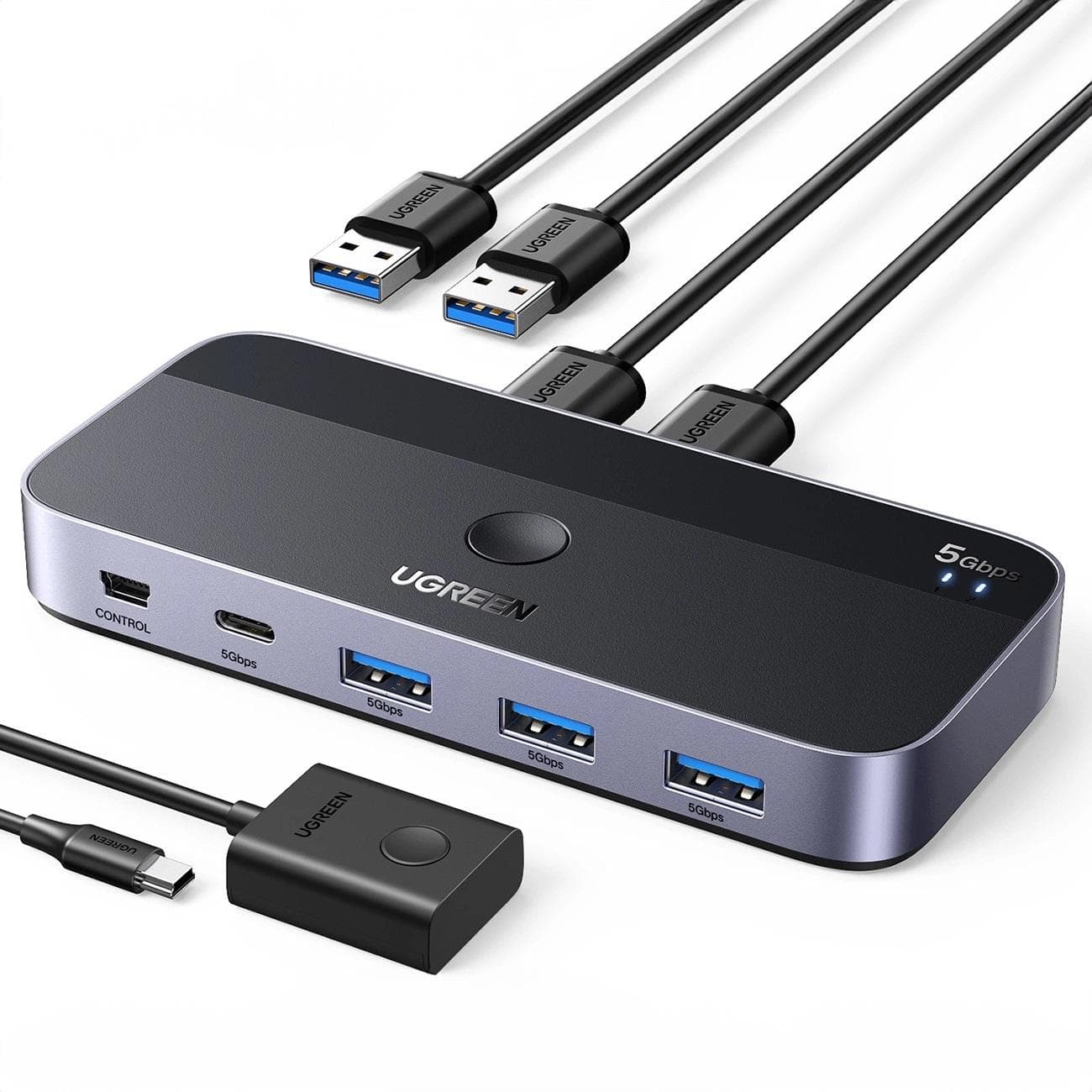 4-портов USB 3.0 хъб с USB-C изход за компютри и лаптопи с USB-A с възможност за превключване между два компютъра (100 см) - Ugreen USB-A 3.0 Hub 4-port Switch Box (черен)