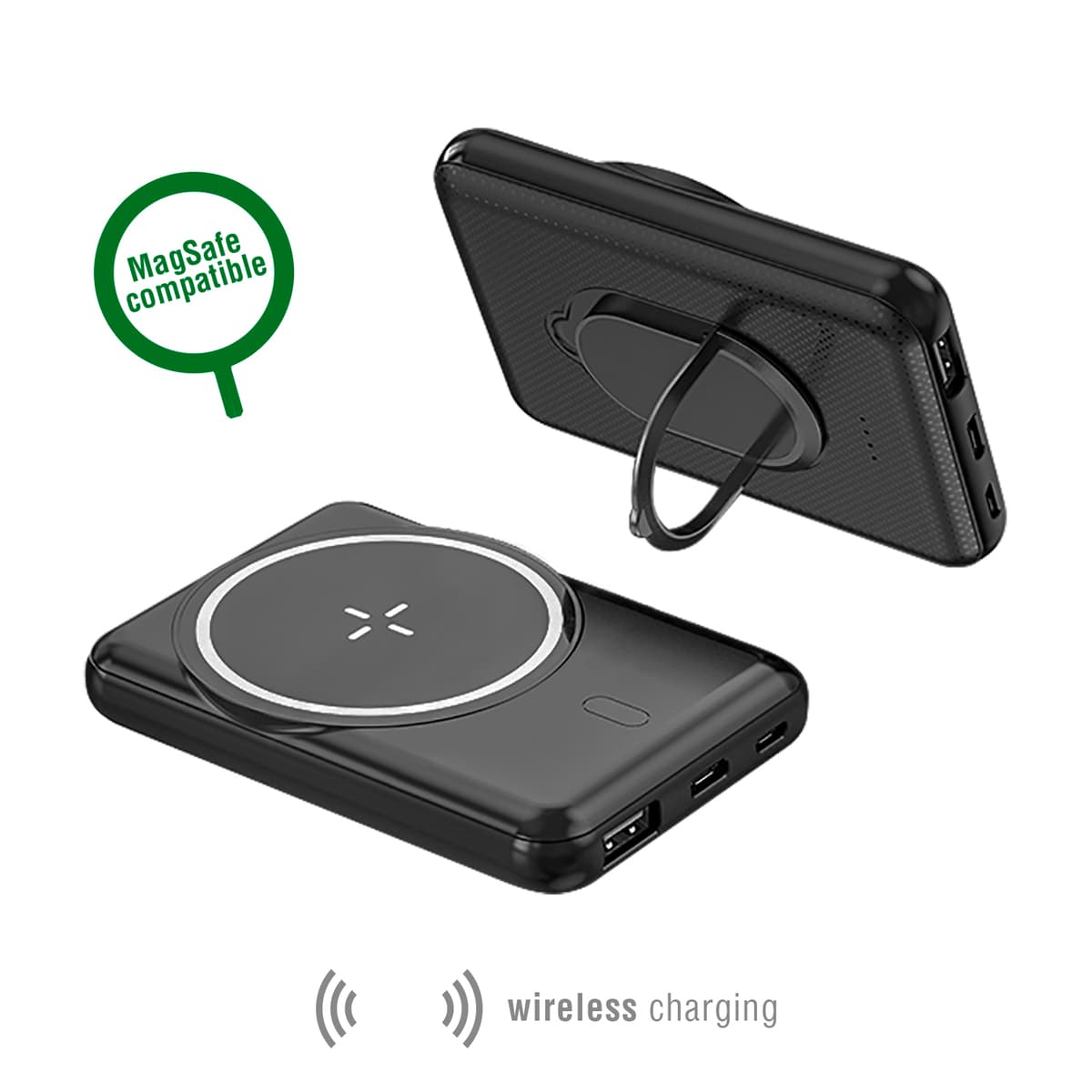 Безжична преносима външна батерия с USB-C и USB-A порт за iPhone с Magsafe - 4smarts Wireless Power Bank VoltHub UltiMag Kick 5000mAh for MagSafe (черен)