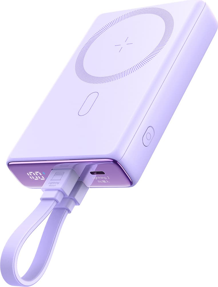 Външна батерия с USB-C към Lightning кабел, USB-C и Lightning портове - Joyroom Magnetic Power Bank with Lightning cable 20W 10000mAh (лилав)