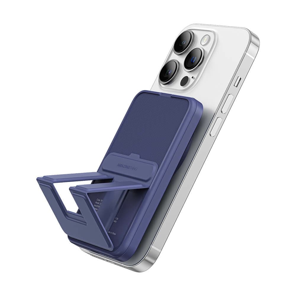 Преносима външна батерия с USB-C порт и безжично зареждане с MagSafe - AmazingThing Thunder Pro Stand Magnetic Wireless Power Bank 5000 mAh 22.5W (син)