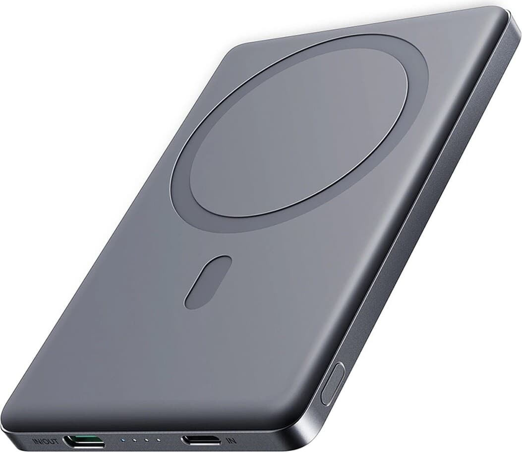Преносима външна батерия с Lightning порт, USB-C изход и безжично зареждане с MagSafe - Joyroom Ultra Slim Magnetic Wireless Quick Charging Power Bank 5000 mAh 20W (сив)