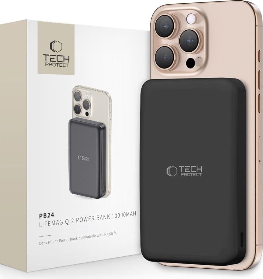 Преносима външна батерия с USB-C порт, USB-A изход и безжично зареждане с MagSafe - Tech-Protect LifeMag Qi2 Magnetic Wireless Charging Power Bank 10000 mAh 15W (черен)