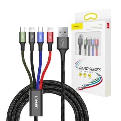 Кабел Baseus Fast 4-in-1 Charging Data Cable (CA1T4-A01), от USB A(м) към 2x Lightning(м), USB C(м) microUSB(м), 1.2m, черен