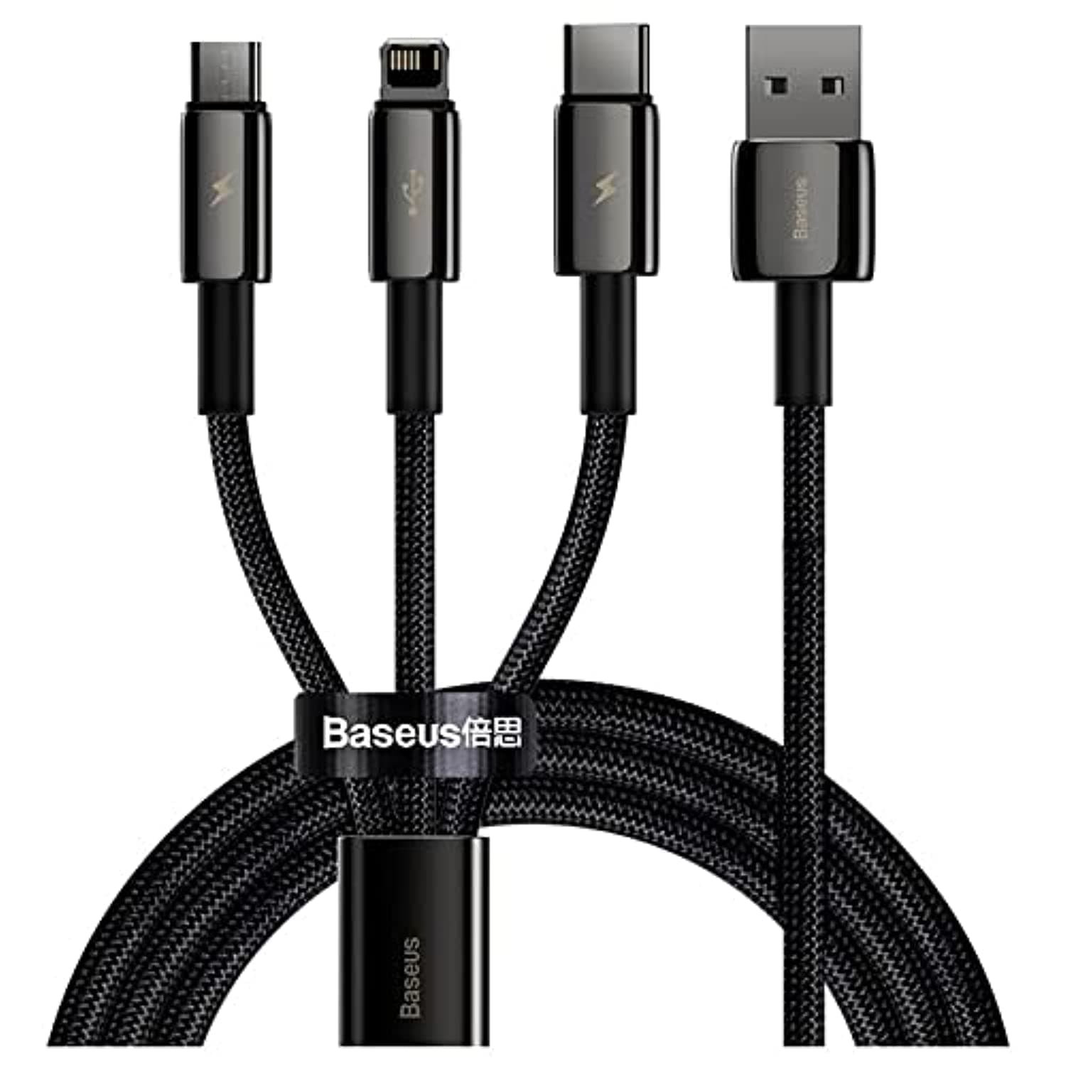 Кабел Baseus Tungsten 3-in-1 USB Cable (CAMLTWJ-01), от USB A(м) към Lightning(м), USB C(м), microUSB(м), 1.5m, 15W, черен