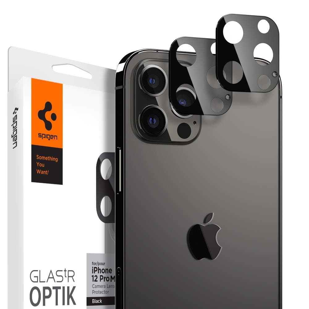 Комплект 2 броя предпазни стъклени протектора за камерата на iPhone 12 Pro Max - Spigen Optik Lens Protector (черен)