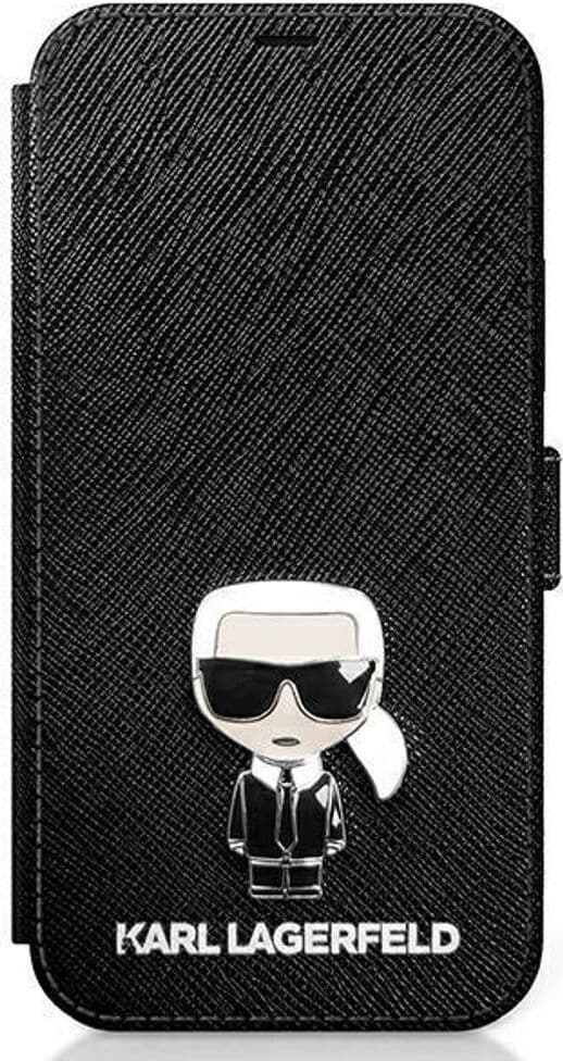 Дизайнерски кожен калъф, тип портфейл за iPhone 12 mini - Karl Lagerfeld Saffiano Ikonik Booktype Leather Case (черен)