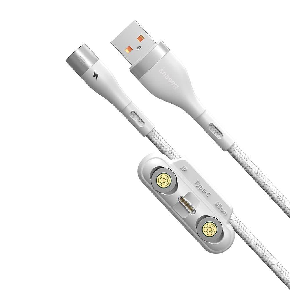 Кабел Baseus Zinc Magnetic Safe Fast Charging Data Cable (CA1T3-A02), от USB A(м) към Lightning(м)/USB C(м)/microUSB(м), магнитни накрайници, 1m, бял