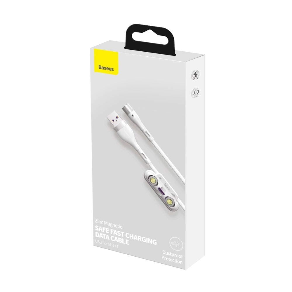Кабел Baseus Zinc Magnetic Safe Fast Charging Data Cable (CA1T3-B02), от USB A(м) към Lightning(м)/USB C(м)/microUSB(м), магнитни накрайници, 1m, бял