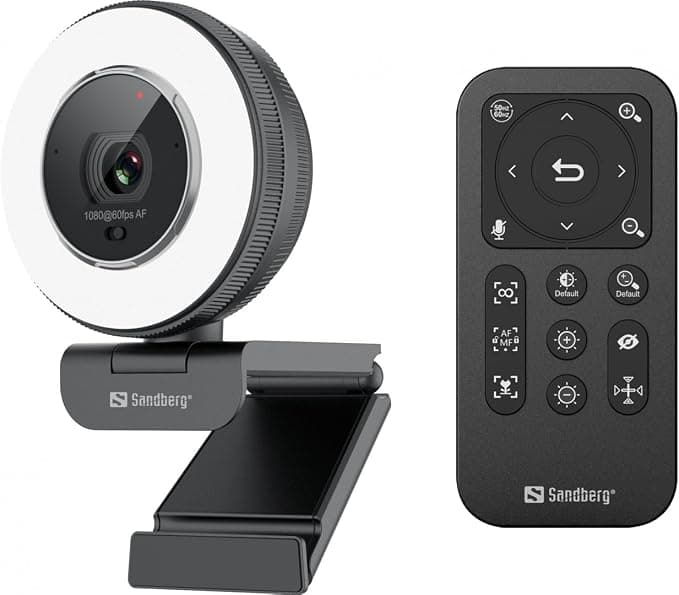 Уеб камера Sandberg Streamer USB Webcam Pro Elite (SNB-134-39), с микрофон, QHD (2560x1440@30fps), пръстеновидна светлина, дистанционно, USB, черна