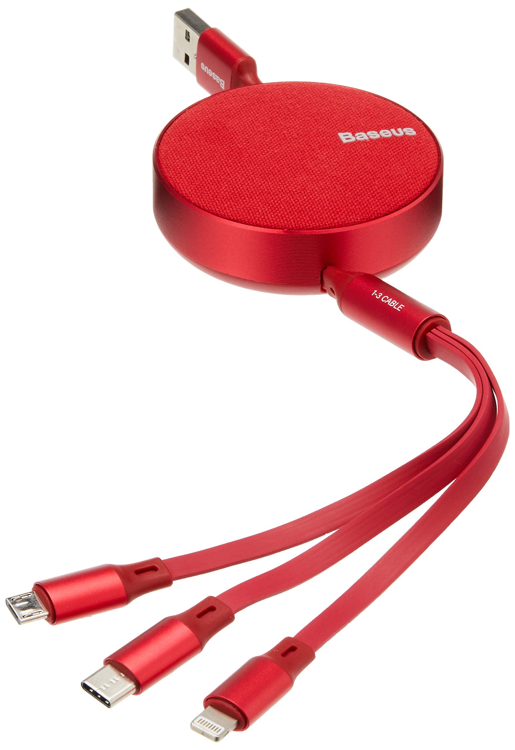 Кабел Baseus Fabric 3-in-1 Flexible Cable (CAMLT-BY09), от USB-A(м) към USB-C/Lightning/microUSB(м), 1.2m, червен