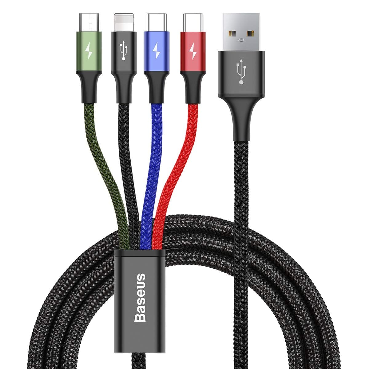Кабел Baseus Rapid Series CA1T4-B01, от USB A(м) към Lightning(м)/2x USB C(м)/microUSB(м), 1.2m, черен