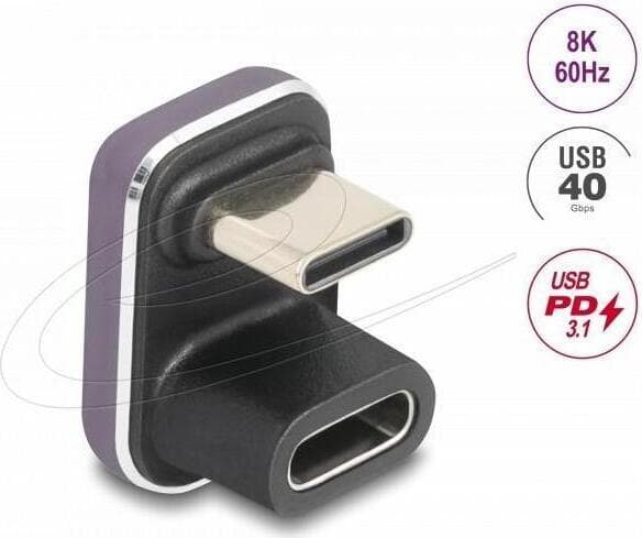 Delock Адаптер USB-C мъжко към женско USB-C, под 180°, 40 Gbps PD 3.1 240 W, U-образен 8K 60 Hz metal