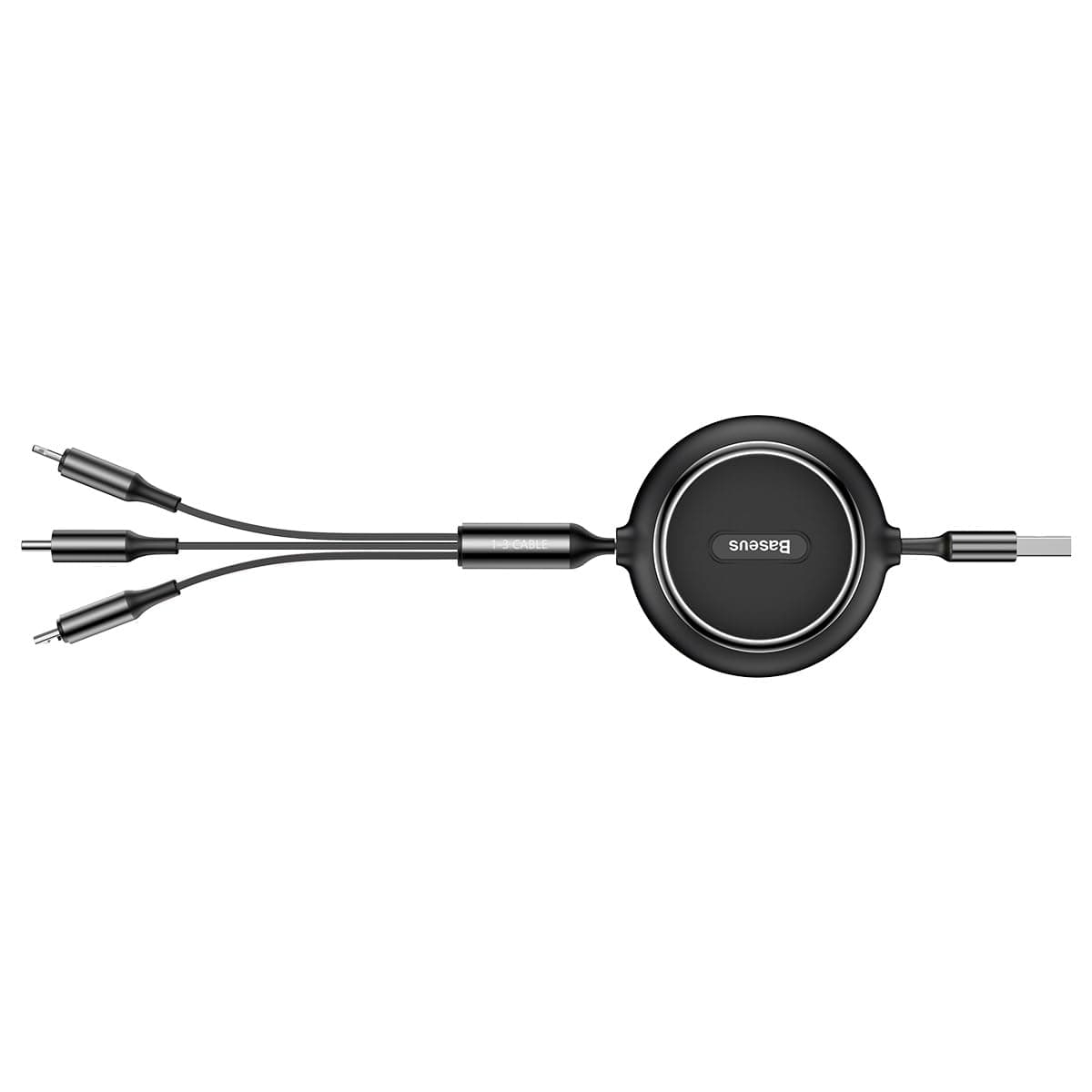 Кабел Baseus Golden Loop 3-in-1 Elastic (CAMLT-JH01), от USB A(м) към Lightning(м)/USB C(м)/microUSB(м), 1.2m, черен