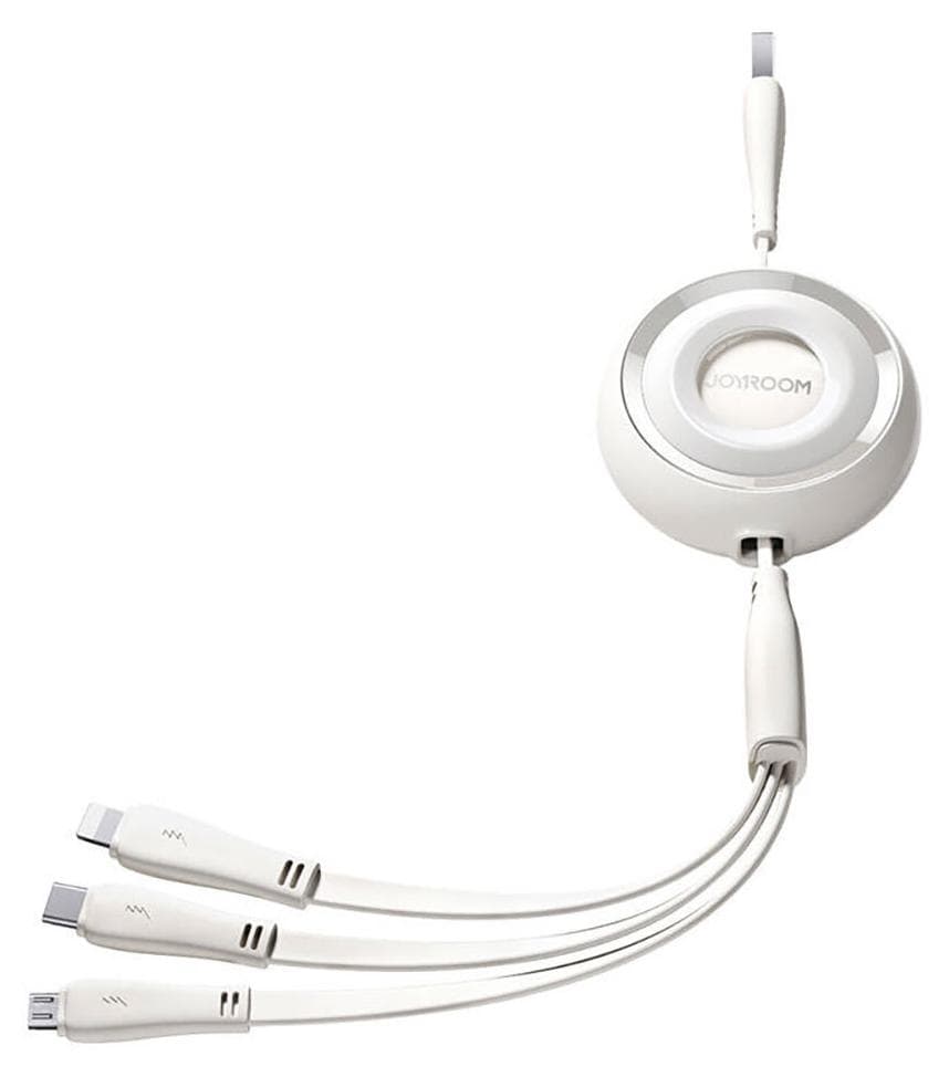 Универсален USB кабел с Lightning, microUSB и USB-C конектори (120 см) - Joyroom Colorful Series 3-in-1 Retractable USB Cable (бял)