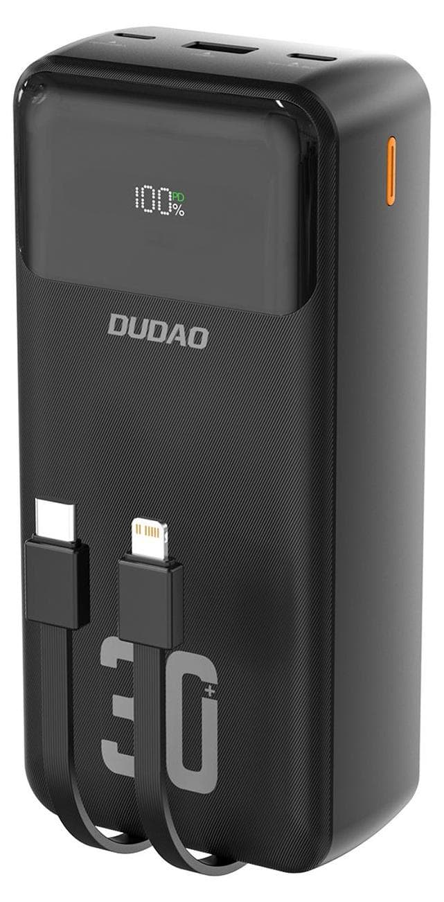 Външна батерия с вградени USB-C и Lightning кабели и USB-C, USB-A портове и технология за бързо зареждане - Dudao K15MAX Power Bank With Build-in Cables 22.5W 30000 mAh (черен)