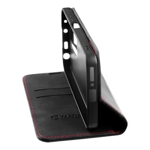 Кожен калъф, тип портфейл с поставка и отделение за кр. карти за iPhone 16 - Tactical Xproof Flip Case (черен)